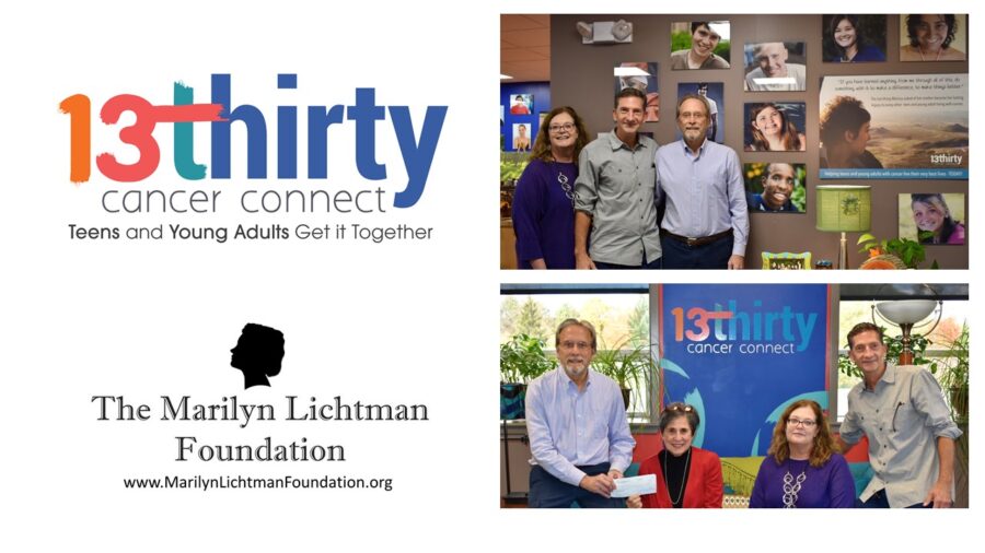 Logo 13Thirty Cancer Connect, text: Teens and Young Adults Get it Together. Photo of three people standing by a wall of photos. Logo The Marilyn Lichtman Foundation www.MarilynLichtmanFoundation.org, photo of four people on a couch with a check.