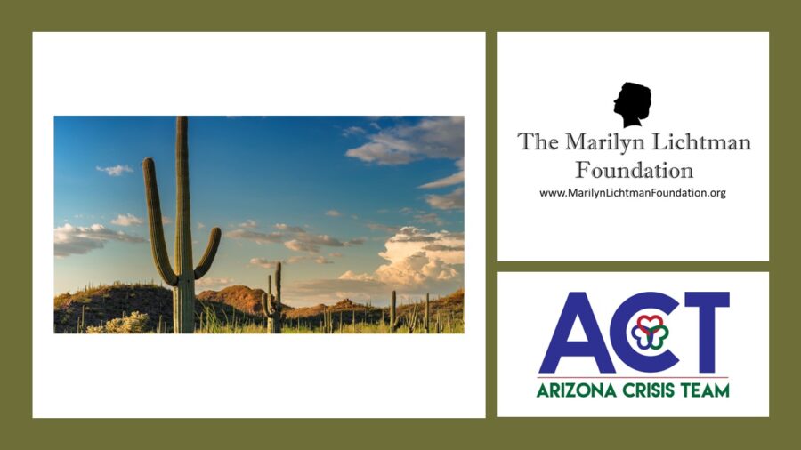 Photos of Cactus in a desert, text/logos for The Marilyn Lichtman Foundation www.MarilynLichtmanFoundation.org, ACT Arizona Crisis Team