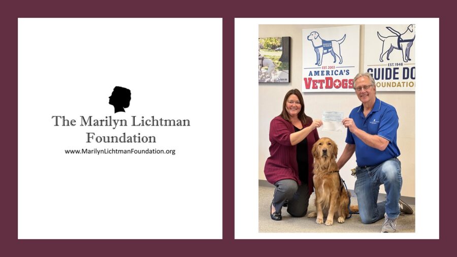 Photo of two people and a dog, text and logo The Marilyn Lichtman Foundation, www.MarilynLichtmanFoundation.org.