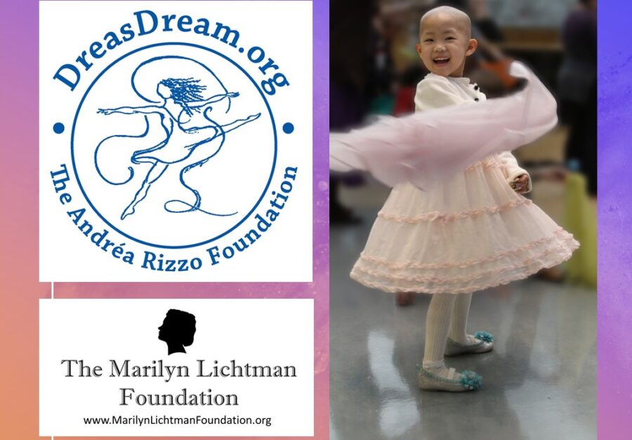 Logo of DreasDream.org The Andrea Rizzo Foundation, Logo of The Marilyn Lichtman Foundation www.MarilynLichtmanFoundation.org, photo of a child twirling