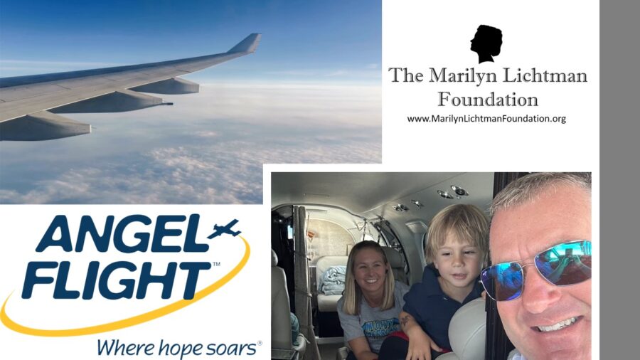 Photo three people in plane, photo wing of airplane in the air, logo and text The Marilyn Lichtman Foundation www.MarilynLichtmanFoundation.org and text Angel Flight Where Hope Soars