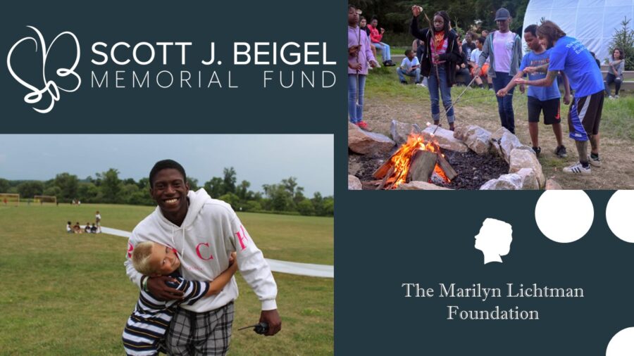 Text and logo Scott J. Beigel Memorial Fund, The Marilyn Lichtman Foundation, photos of several people outdoors having fun.