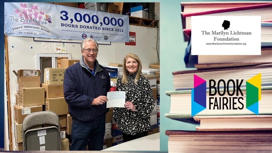 Two people in a warehouse holding a check, image of books stacked, logo of The Marilyn Lichtman Foundation www.MarilynLichtmanFoundation.org and logo BOOK FAIRIES