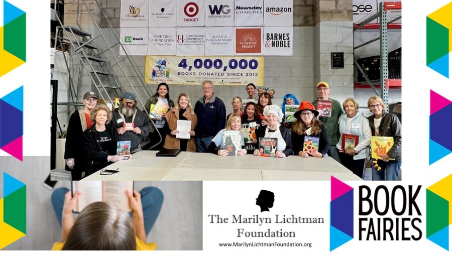People in a warehouse holding a check and books, image of books stacked, logo of The Marilyn Lichtman Foundation www.MarilynLichtmanFoundation.org and logo BOOK FAIRIES