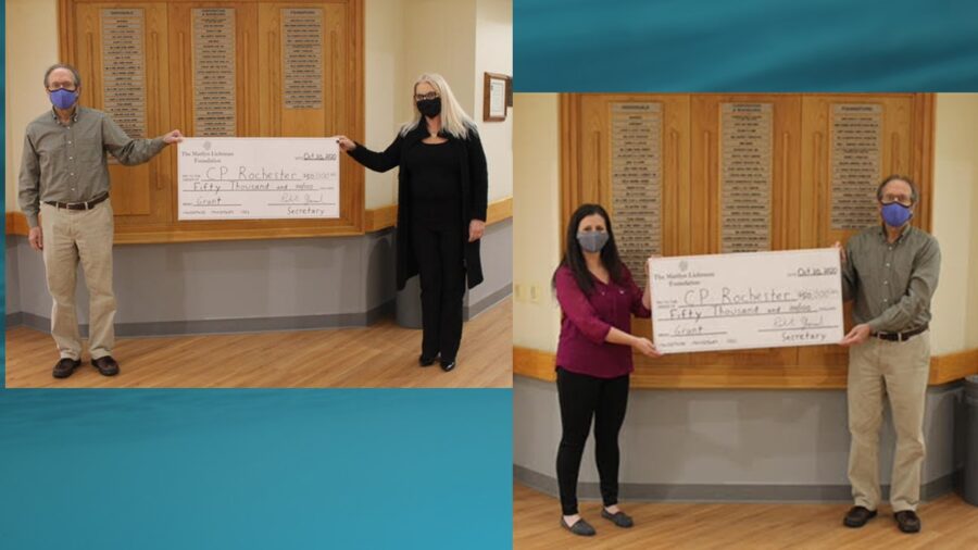 Two photos of two people each holding up an oversized check 