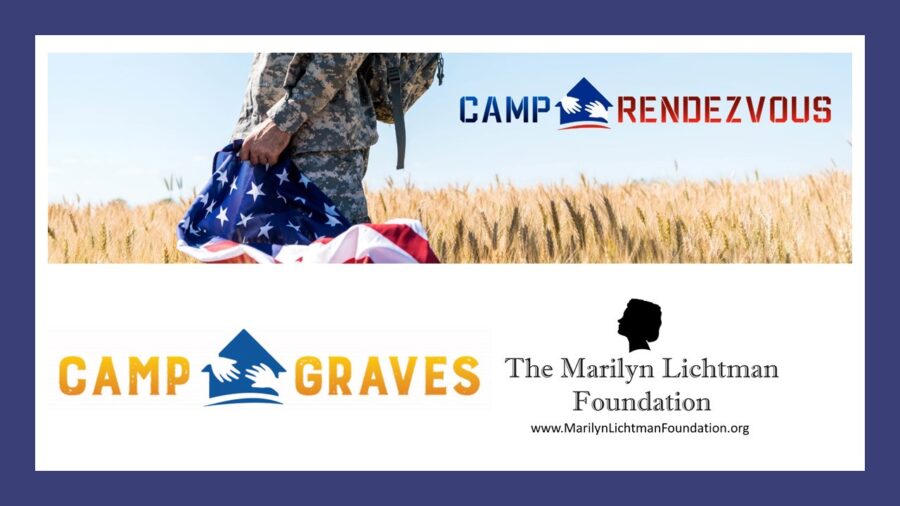 image of 1 person walking in a field wearing camouflage clothing holding an American flag, camping and text that says 'CAMP RENDEZVOUS CAMP GRAVES The Marilyn Lichtman Foundation www.MariynLichtmanFoundation.org'