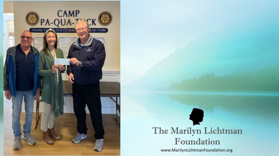 Image of three people holding a check, background graphic of a lake, logo of The Marilyn Lichtman Foundation www.MarilynLichtmanFoundation.org
