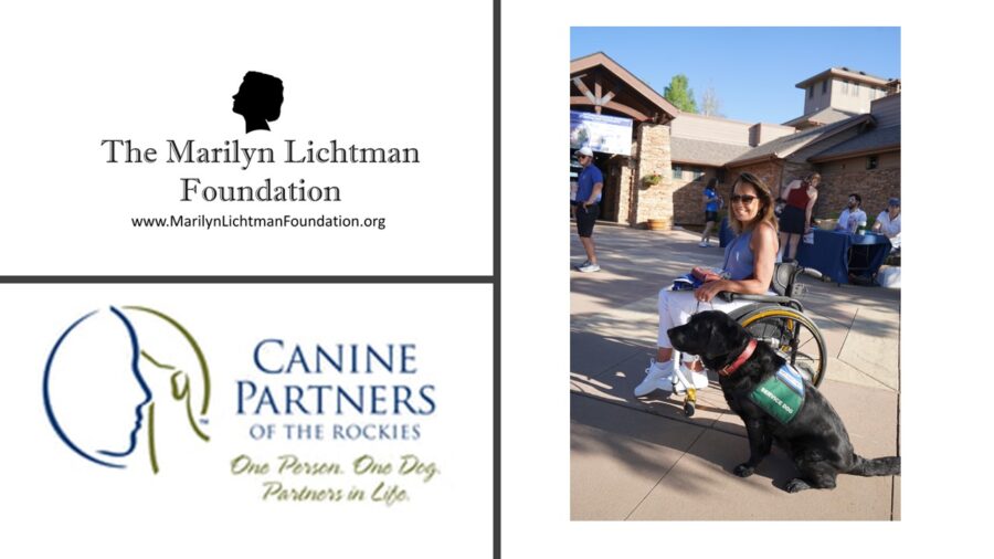 Image of person in wheelchair, other people, service dog.  Logo and text Canine Partners of the Rockies.  One Person One Dog, Partners in Life