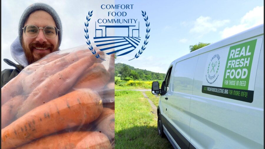 Photo of person and bag of carrots, van and logo of Comfort Food community