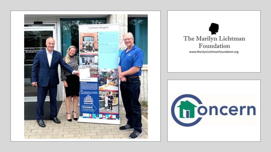 Photo of 3 people, log and text The Marilyn Lichtman Foundation www.MarlynLichtmanFoundation.org'; Concern for Independent Living