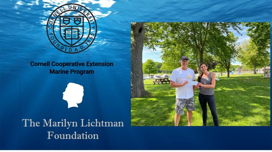 Logo of Cornell Cooperative Extension Marine Program Logo of The Marilyn Lichtman Foundation two people outside holding a check.