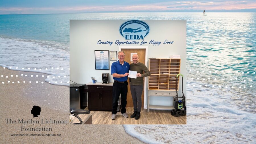 Photo of two people holding a check, background of a beach, logo of The Marilyn Lichtman Foundation www.MarilynLichtmanFoundation.org