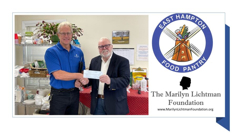 Two people holding a check, Logo of East Hampton Food Pantry and logo The Marilyn Lichtman Foundation www.MarilynLichtmanFoundation.org