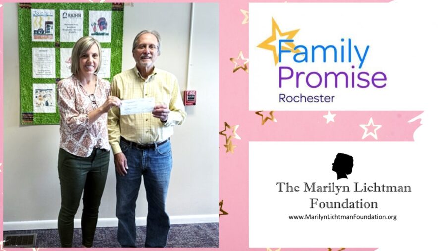 Text: Family Promise Rochester, photo of two people standing, text and logo The Marilyn Lichtman Foundation www.MarilynLichtmanFoundation.org