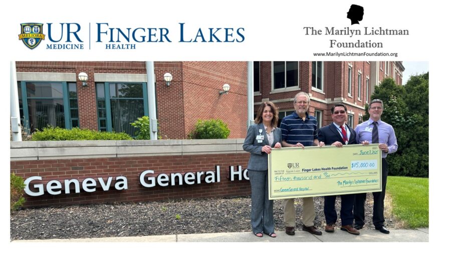 Image of four people, logo and text The Marilyn Lichtman Foundation www.MariylichtmanFoundation.org; UR Medicine, Finger Lakes Health