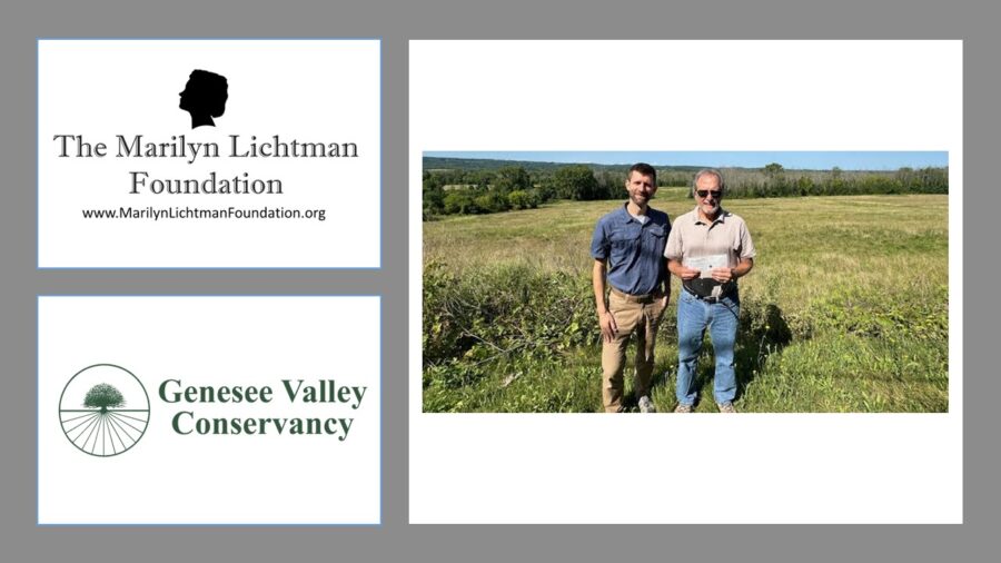 Image of two people in a field, text and logo The Marilyn Lichtman Foundation www.MarilynLichtmanFoundation.org; Genesee Valley Conservancy.