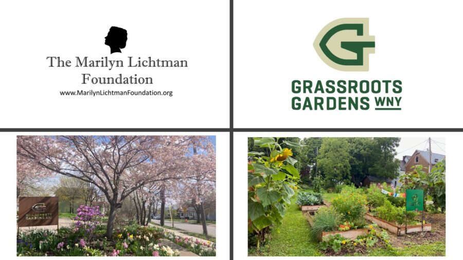 pictures of trees, flowers, raised garden beds, that says 'The Marilyn Lichtman Foundation www.MariyntichtmanFoundation.org ; GRASSROOTS GARDENS WNY'