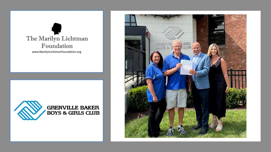Photo of 4 people standing outside. Logo and text The Marilyn Lichtman Foundation www.MarilynLichtmanFoundation; Grenville Baker Boys & Girls Club.