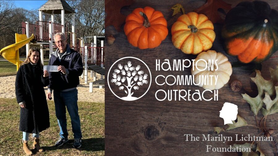 Photo of 2 people on a playground, logo and text The Marilyn Lichtman Foundation www.MarilynLichtmanFoundation.org Hamptons Community Outreach, image of pumpkins and leaves.