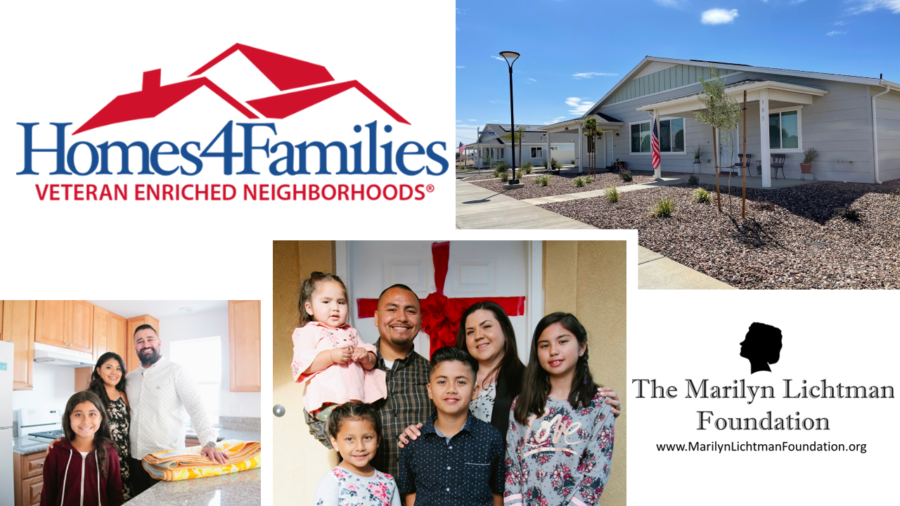 image of 9 people and a house, logo and text: Homes4Families Veteran enriched neighborhoods, The Marilyn Lichtman Foundation www.MarilynLichtmanFoundation.org