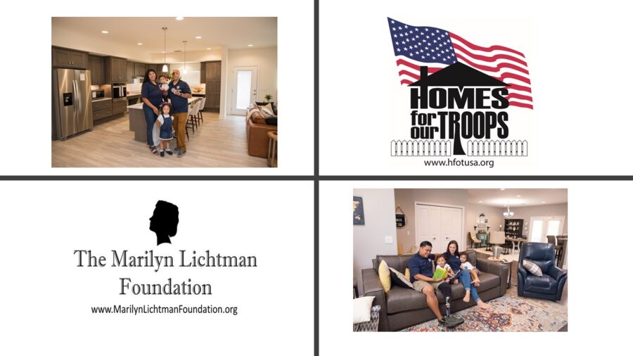 Two photos of families in new looking homes, logo for Homes for our Troops www.hfotusa.org and logo for The Marilyn Lichtman Foundation www.marilynlichtmanfoundation.org