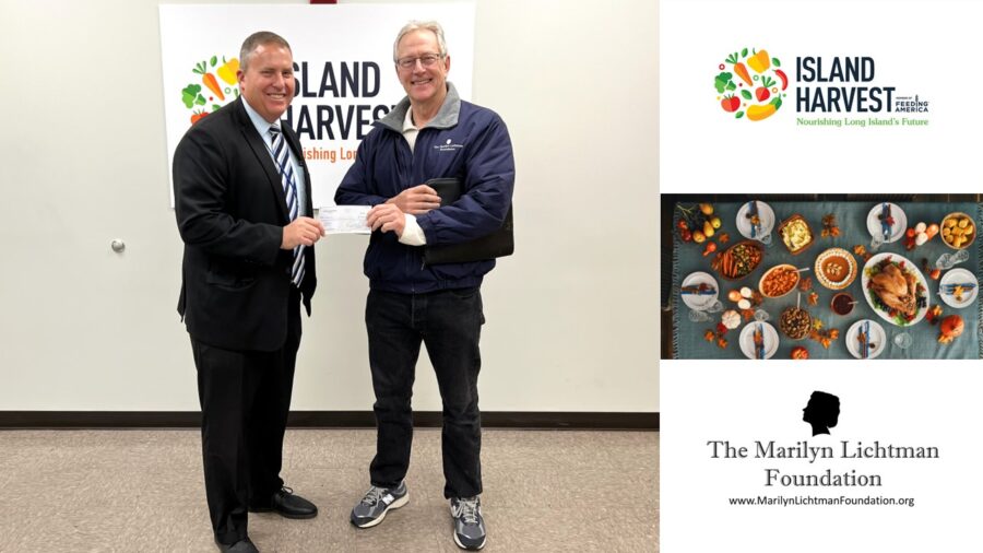 Two people standing, logo and test Island Harvest Nourishing Long Island's Future member of Feeding America.  The Marilyn Lichtman Foundation www.marilynlichtmanfoundation.org  Photo of a holiday table of food.

