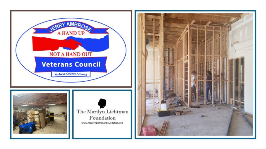 Photo of construction and building damage. Image and text 'JERRY AMBROSE A HAND UP NOT A HAND OUT Veterans Council MohaveCountyArizona Mohave County Arizona; The Marilyn Lichtman Foundation www.MarilynUchtmanFoundaton.org