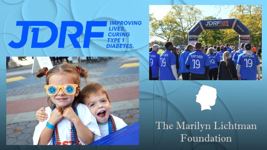 Photo of children, other photo of people walking in a walk-a-thon, Text JDRF  Improving lives curing Type 1 Diabetes. Text The Marilyn Lichtman Foundation