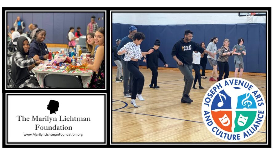 Image of several people dancing and sitting at a table, logo and text The Marilyn Lichtman Foundation www.MariynLichtmanFoundation.org; Joseph Avenue Arts and Culture Alliance