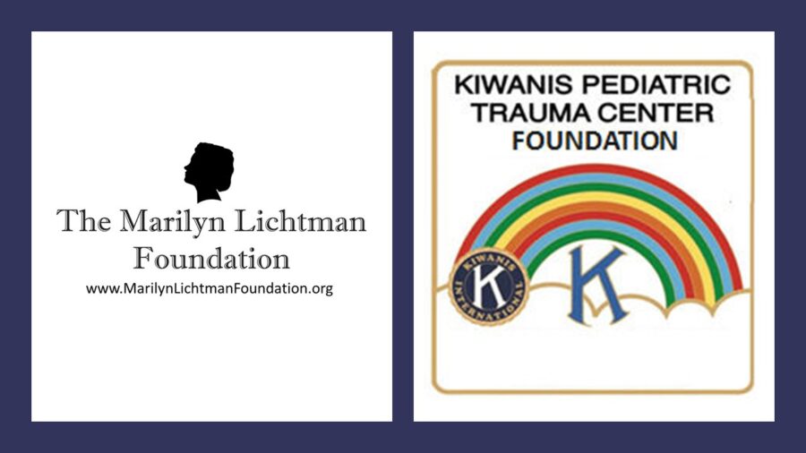 Logo of The Marilyn Lichtman Foundation www.MarilynLichtmanFoundation.org and logo of Kiwanis Pediatric Trauma Center Foundation.