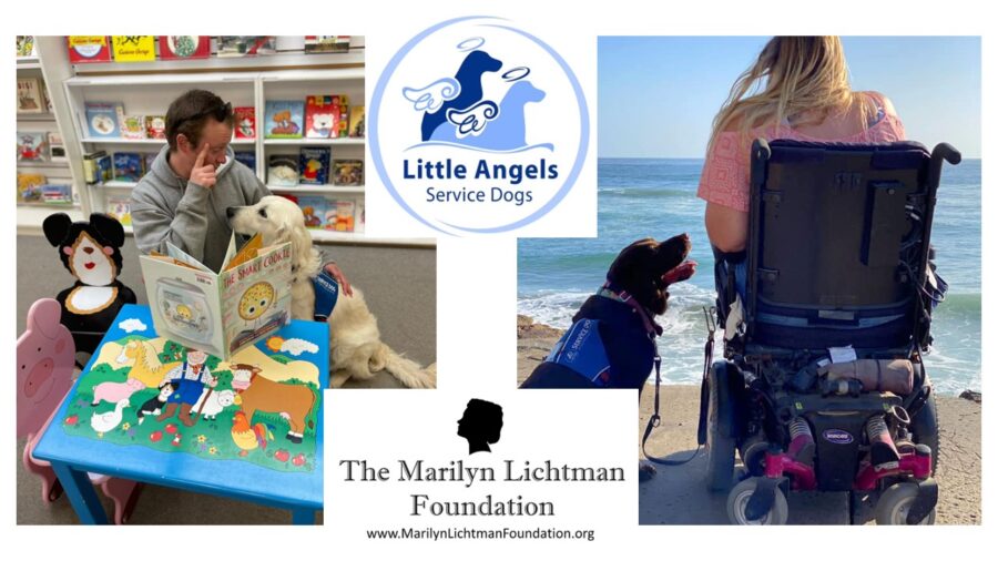 Images of people and service dogs,  logo and text The Marilyn Lichtman Foundation www.MarilynLichtmanFoundation.org; little angels service dogs