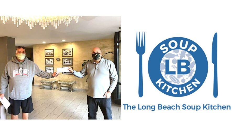 Two people holding a check in a lobby, a Logo for Long Beach Soup Kitchen 