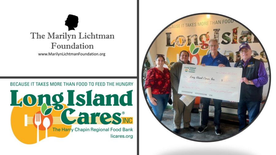 Image of 4 people standing, text and logo The Marilyn Lichtman Foundation www.MarilynLichtmanFoundation.org; Because it takes more than food to feed the hungry Long Island Cares Inc. The Harry Chapin Regional Food Bank licares.org