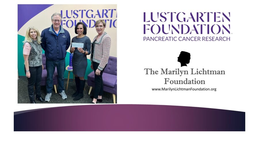 Image of four people standing, text Lustgarten Foundation Pancreatic Cancer Research, Logo The Marilyn Lichtman Foundation www.MarilynLichtmanFoundation.org