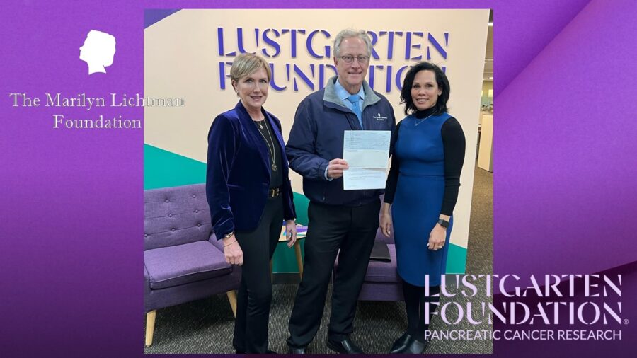 Photo of 3 people, logo and text Lustgarten Foundation, The Marilyn Lichtman Foundation. 