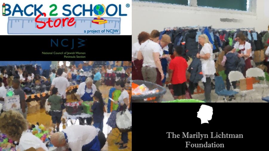 text that says 'BACK 2 SCHOOL® Store a project of NCJW NCJW National Council of Jewish Women Peninsula Section The Marilyn Lichtman Foundation' Background graphic of shoppers