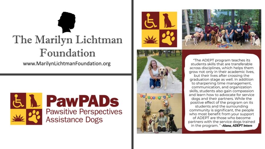 Logo of The Marilyn Lichtman Foundation www.MarilynLichtmanFoundation.org, Logo of PawPADs Pawsitive Perspectives Assistance Dogs, photos of several people with dogs, text "The ADEPT program teaches its students skills that are transferable across disciplines, which helps them grow not only in their academic lives, but their lives after crossing the graduation stage as well. In addition to sharpening time management, communication, and organization skills, students also gain compassion and learn how to advocate for service dogs and their partners. While the positive effect of the program on its students and the surrounding community is significant, the people who most benefit from your support of ADEPT are those who become partners with the service dogs trained in the program." -Alana, ADEPT Intern.
