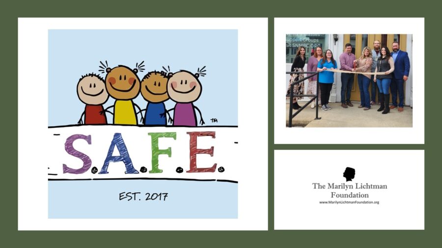 Image of cartoon children, “SAFE” 'The Marilyn Lichtman Foundation www.MarilynLichtmanFoundation.org, image of people outside a building.
