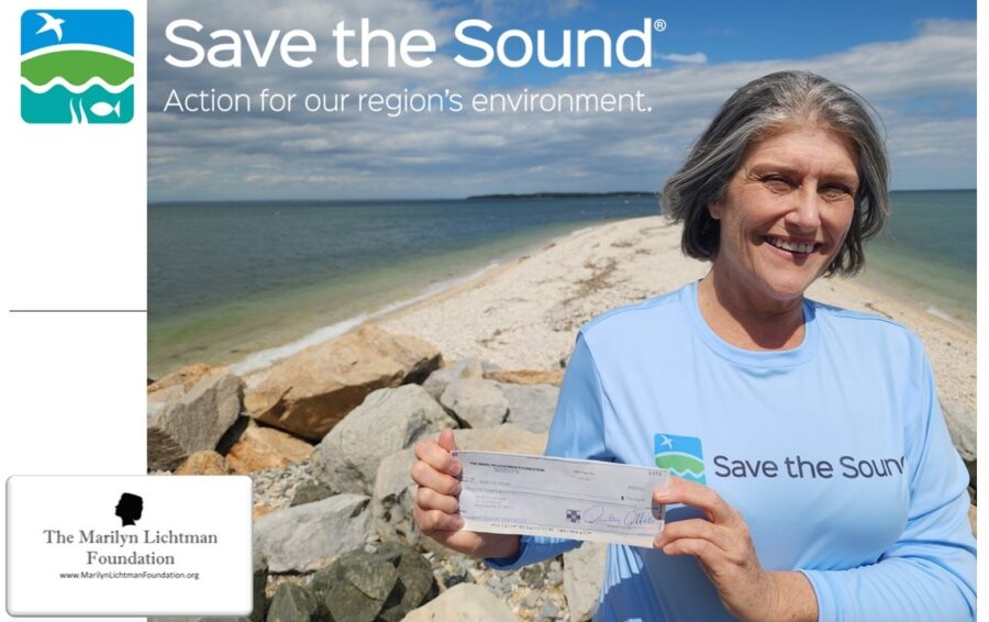 Logo and text Logo and text The Marilyn Lichtman Foundation www.MarlynLichtmanFoundation.org; Save the Sound Action for our region’s environment, photo of a person holding a check on the beach.