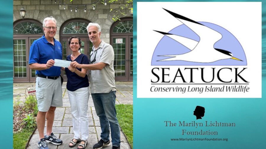 Photo of 3 people outside, logo and text The Marilyn Lichtman Foundation www.MarilynLichtmanFoundation.org, Seatuck logo, Conserving Long Island Wildlife.