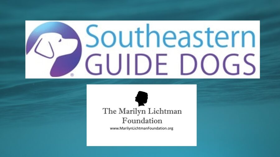 blue background, logo of dog with test Southeastern Guide Dogs, logo of the Marilyn Lichtman Foundation www.MarilynLichtmanFoundation.orgf