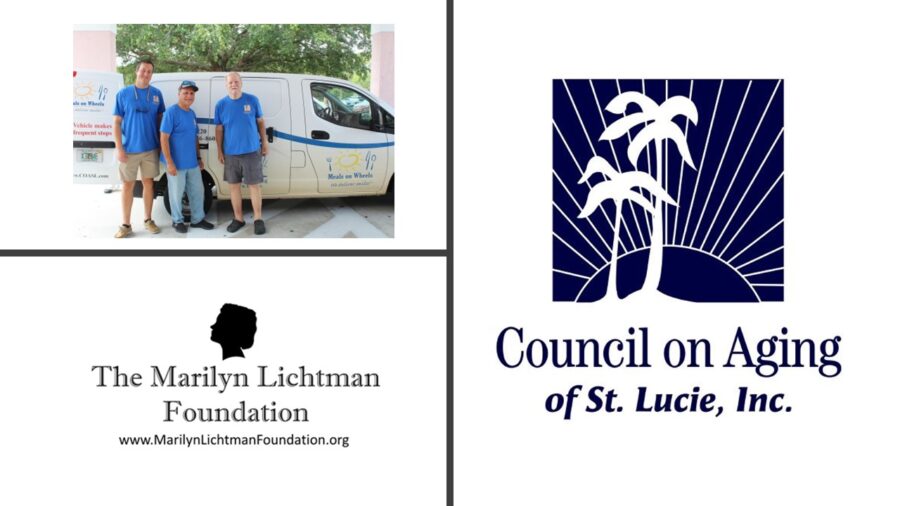 Image of 3 people, logo and text Council on Aging of St. Lucie, Inc; The Marilyn Lichtman Foundation www.MariylichtmanFoundation.org