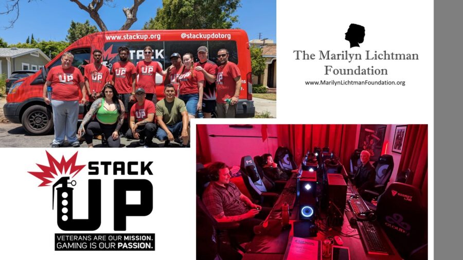 Logo and text The Marilyn Lichtman Foundation www.MarilynLichtmanFoundation.org , Stack up; Veterans are our mission. Gaming is our passion. Image of 11 people outside a van, 3 people at a gaming table