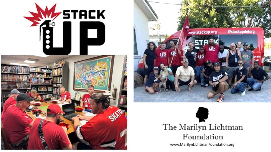 Photo of several people by a van, people around a conference table, logo and text StackUP, The Marilyn Lichtman foundation www.MarilynLichtmanFoundation.org

