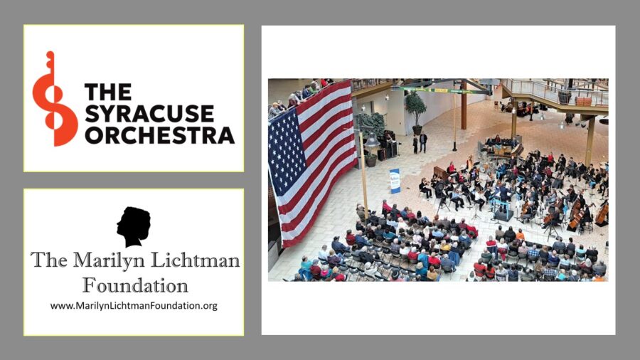 Image of people in a lobby, American Flag.  Text and logo THE SYRACUSE ORCHESTRA The Marilyn Lichtman Foundation www.MariynichtmanFoundation.org