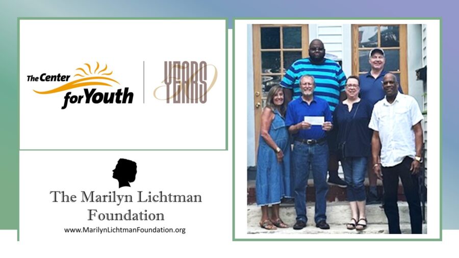 Photo of 6 people, logo and text The Center for Youth 50 Years; The Marilyn Lichtman Foundation www.MarilynLichtmanFoundation.org