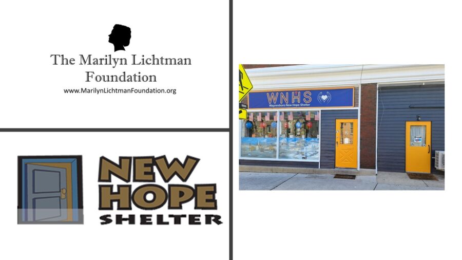 Image of a building logo and text New Hope shelter; The Marilyn Lichtman Foundation www.MarilynLichtmanFoundation.org