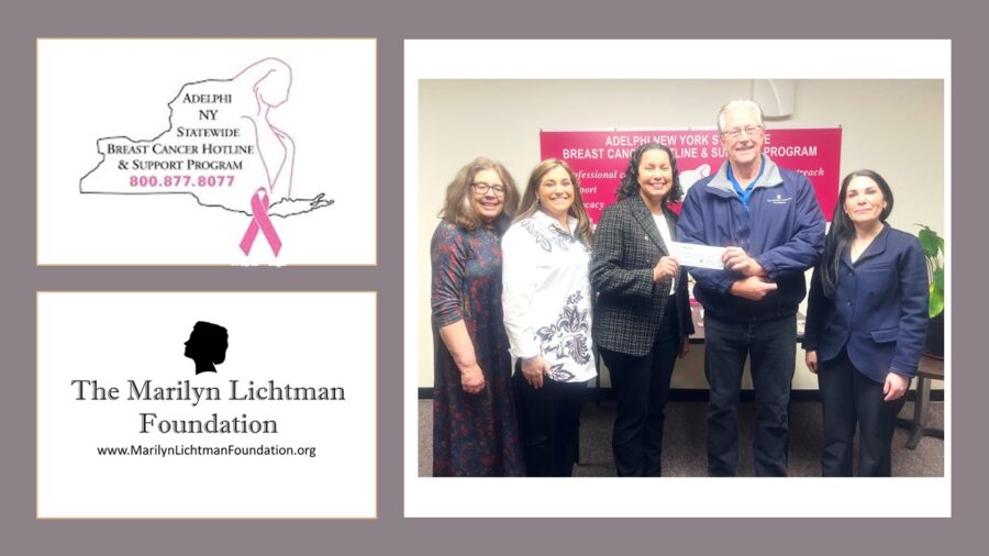 Image of 5 people. Logo and text the Marilyn Lichtman Foundation www.MarilynLichtmanFoundation.org; Adelphi NY Statewide Breast Cancer Hotline & Support Program 800.877.8077