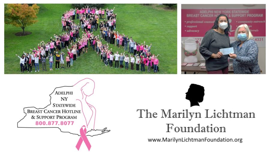 Logo of The Marilyn Lichtman Foundation www.MarilynLichtmanFoundation.org, logo of Adelphi NY Statewide Breast Cancer Hotline & Support Program 800.877.8077, photo of people in a field standing to form a pink ribbon symbol with their bodies, photo of two people holding a check.