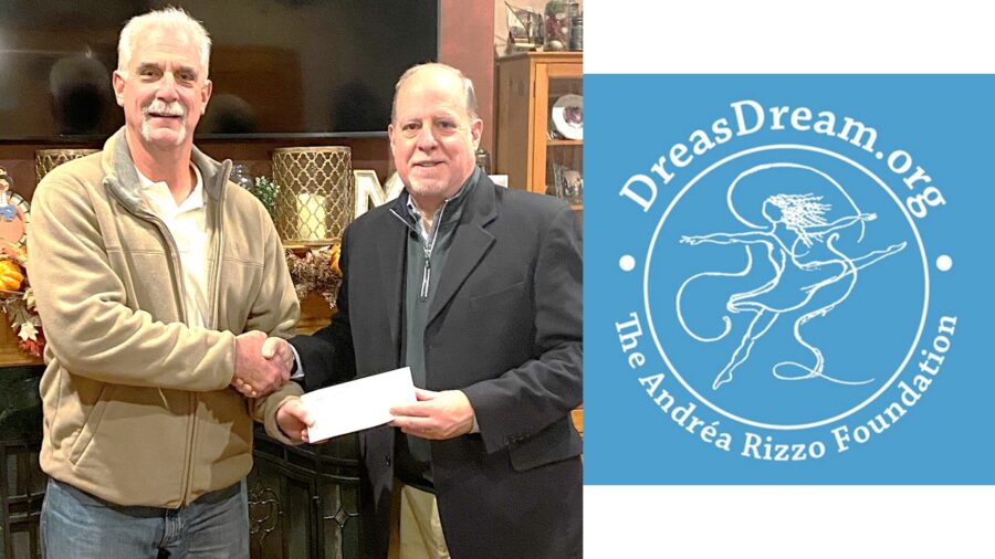 Two people shaking hands and holding a check, a logo for Dreas Dream The Andrea Rizzo Foundaiton